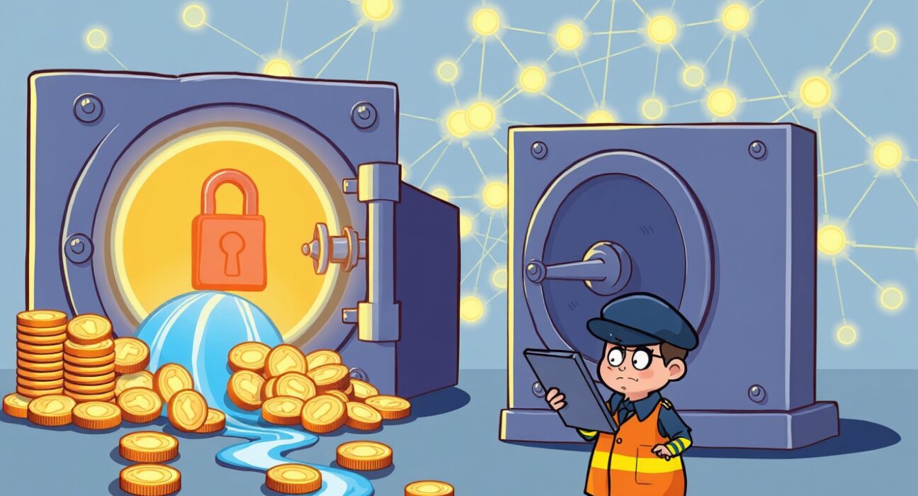 Cartoon illustration of the devastating BOSAGORA security breach with digital tokens leaking from a vault.