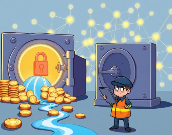 Cartoon illustration of the devastating BOSAGORA security breach with digital tokens leaking from a vault.
