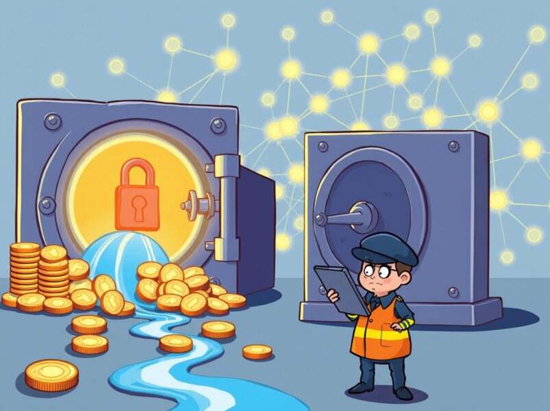 Cartoon illustration of the devastating BOSAGORA security breach with digital tokens leaking from a vault.