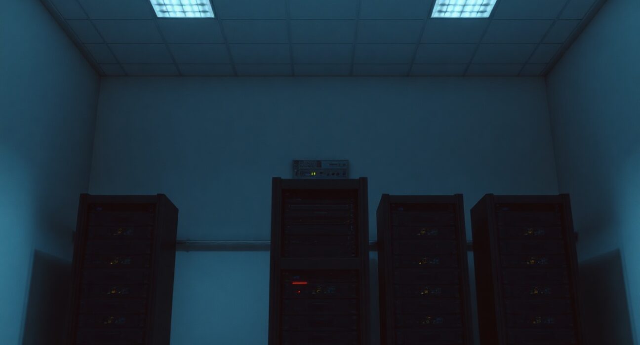 Dimly lit server room with a row of decommissioned servers, representing the shutdown of Bitcoin Layer 2 project Botanix.