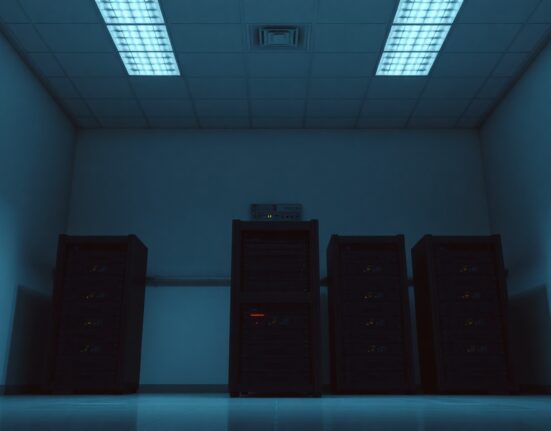 Dimly lit server room with a row of decommissioned servers, representing the shutdown of Bitcoin Layer 2 project Botanix.