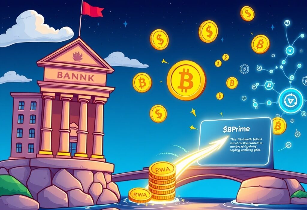 A cartoon illustration showing traditional finance and crypto merging through a bridge, symbolizing how BB Prime unlocks RWA-backed yield opportunities.