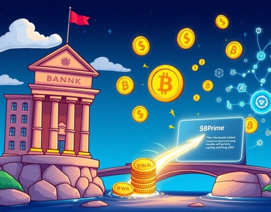 A cartoon illustration showing traditional finance and crypto merging through a bridge, symbolizing how BB Prime unlocks RWA-backed yield opportunities.