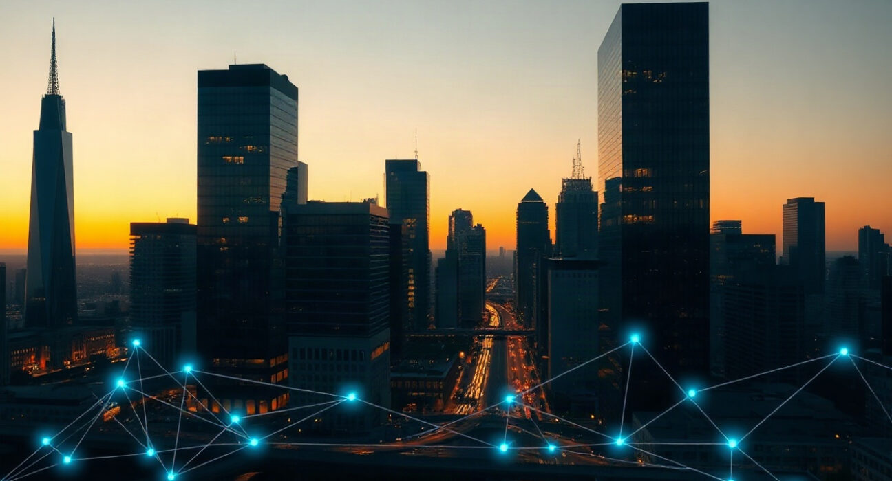 Digital network overlay on a modern financial district skyline at dusk, symbolizing tokenized assets and blockchain connectivity.