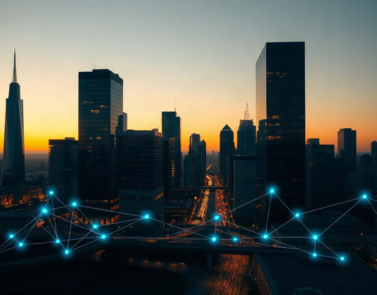 Digital network overlay on a modern financial district skyline at dusk, symbolizing tokenized assets and blockchain connectivity.