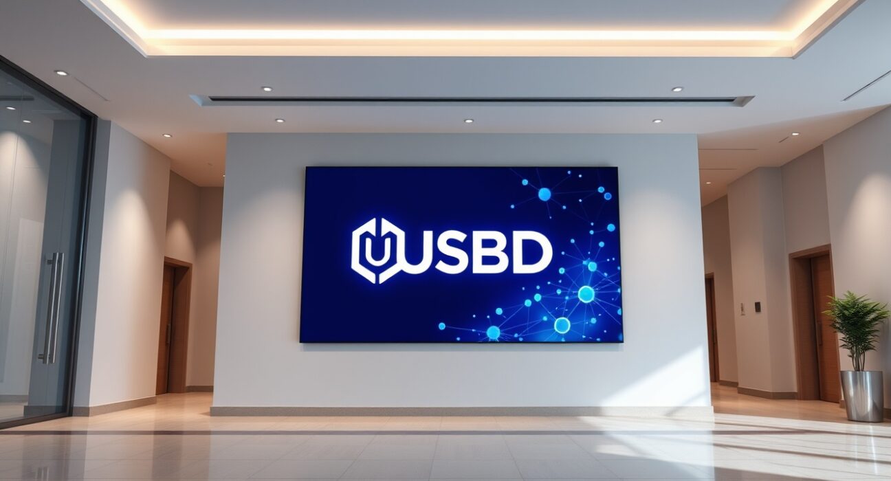 Institutional office lobby with digital display showing USBD stablecoin logo
