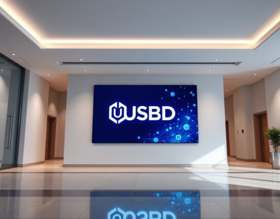 Institutional office lobby with digital display showing USBD stablecoin logo