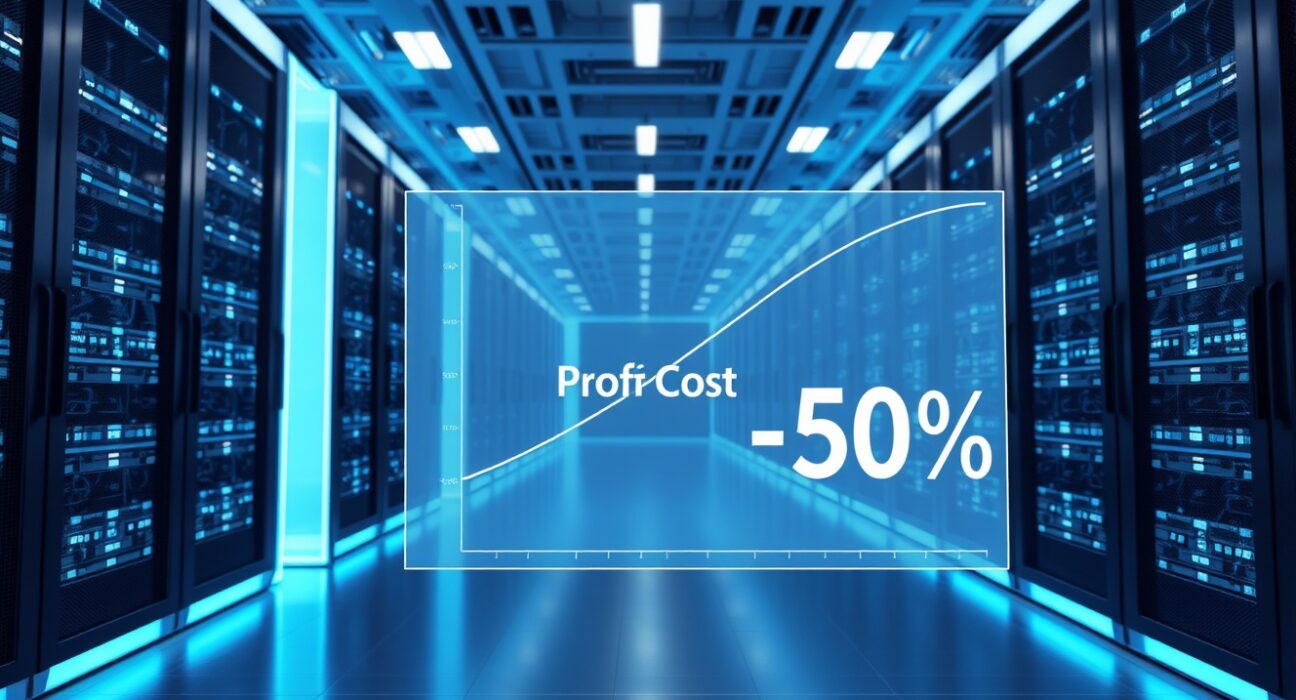 Futuristic data center with holographic display showing proof cost reduction graph for Boundless Surge upgrade
