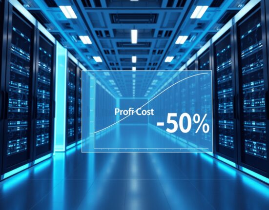 Futuristic data center with holographic display showing proof cost reduction graph for Boundless Surge upgrade