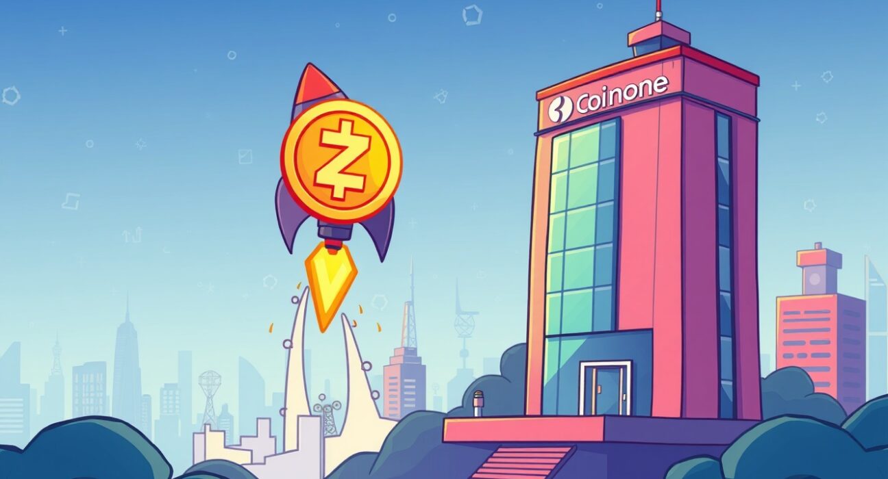 A cartoon rocket with a Boundless ZKC symbol launching from a crypto exchange building, symbolizing the new listing's exciting potential.