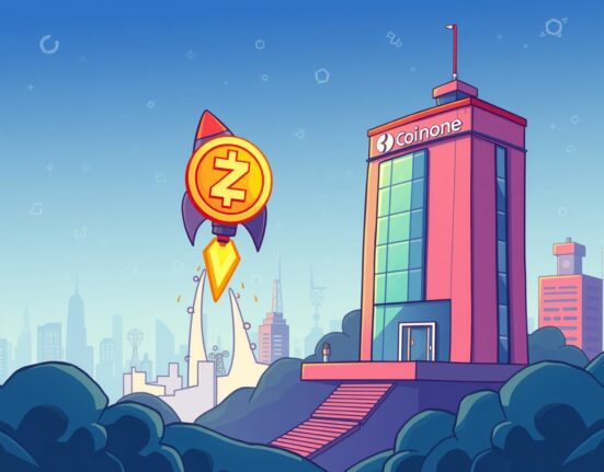 A cartoon rocket with a Boundless ZKC symbol launching from a crypto exchange building, symbolizing the new listing's exciting potential.
