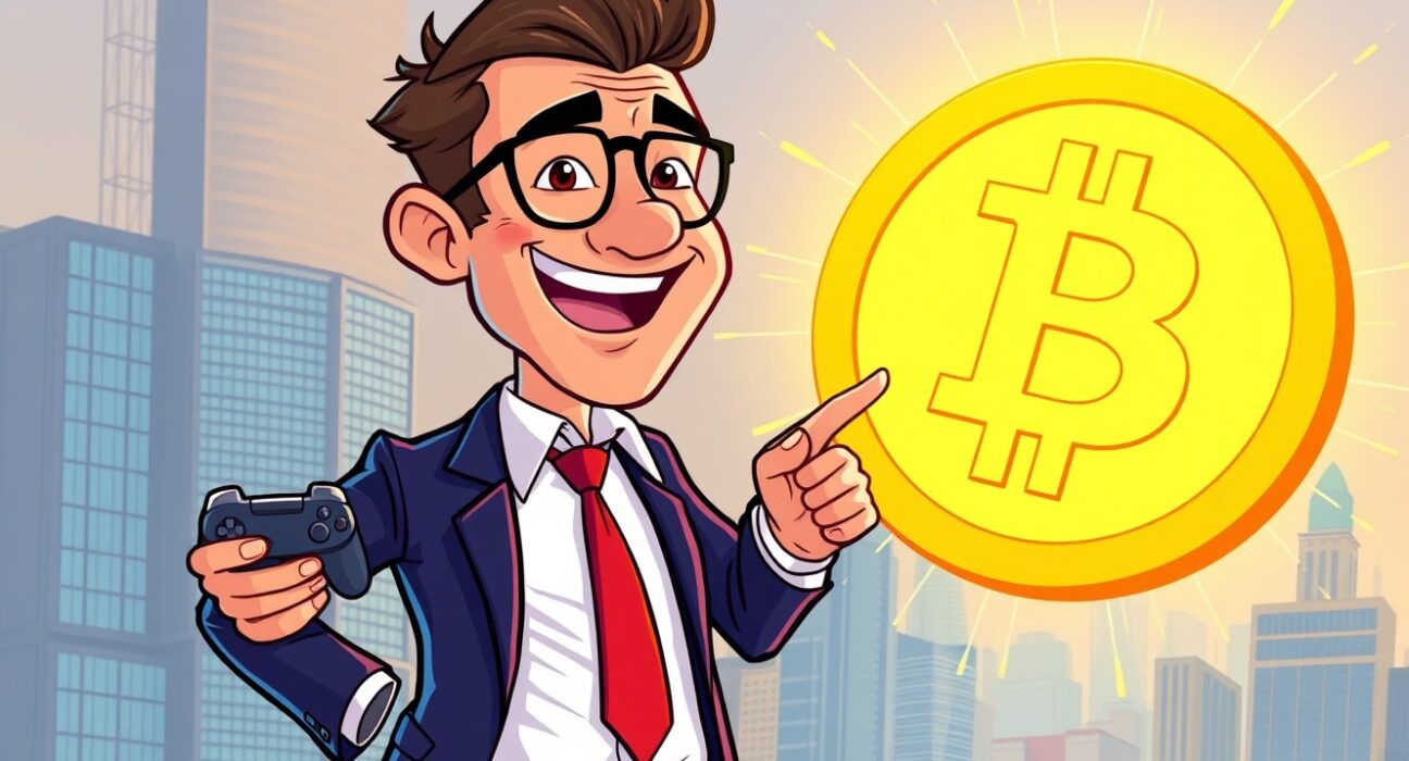 A gaming company executive in Hong Kong celebrating a significant Bitcoin purchase, highlighting corporate crypto adoption.