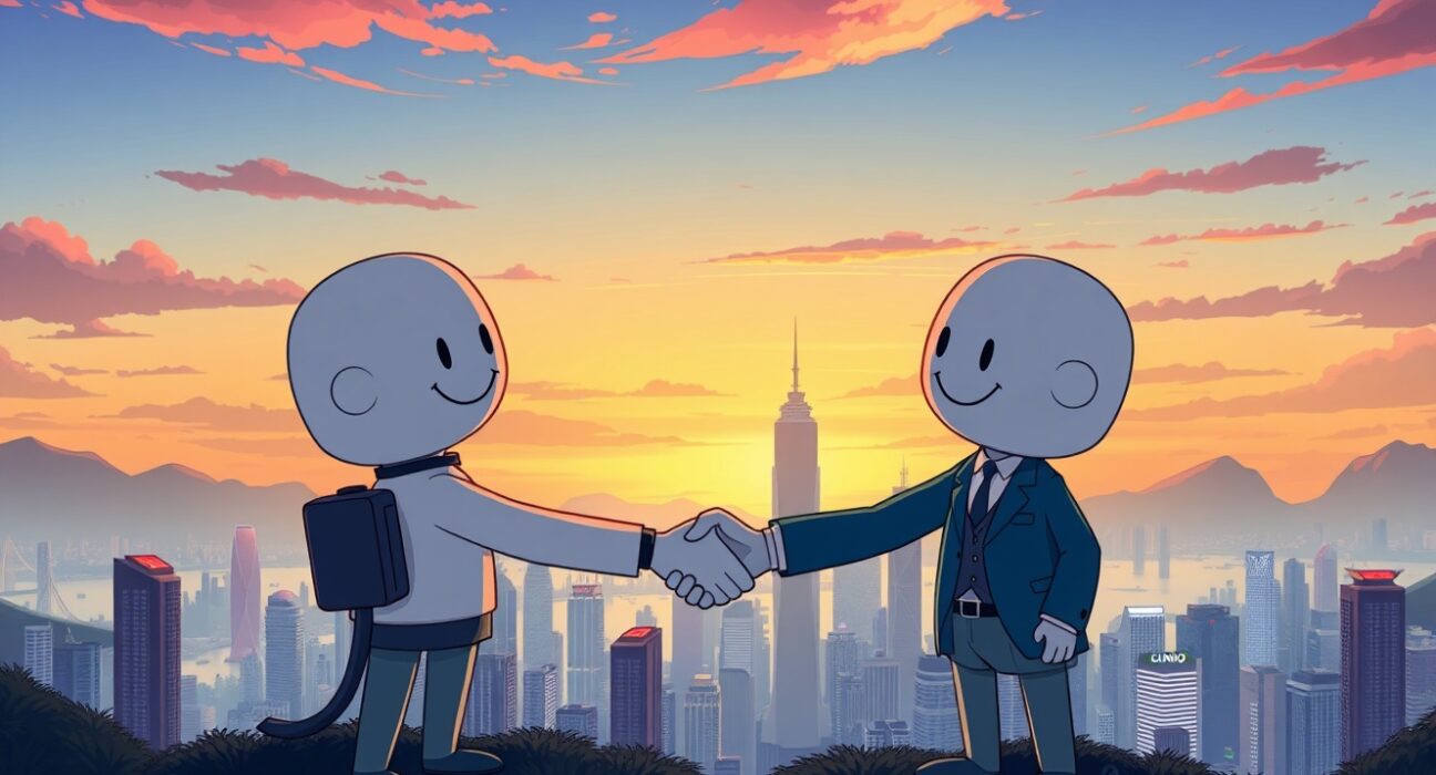 Cartoon illustration showing Boyaa Interactive and SINOHOPE collaborating on a compliant Boyaa digital asset management strategy in Hong Kong.