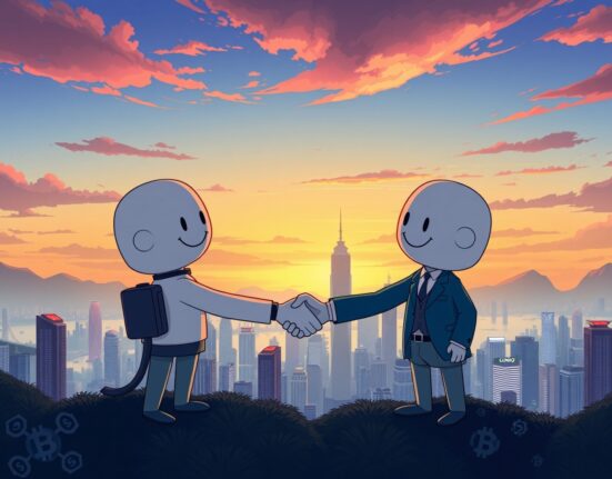 Cartoon illustration showing Boyaa Interactive and SINOHOPE collaborating on a compliant Boyaa digital asset management strategy in Hong Kong.