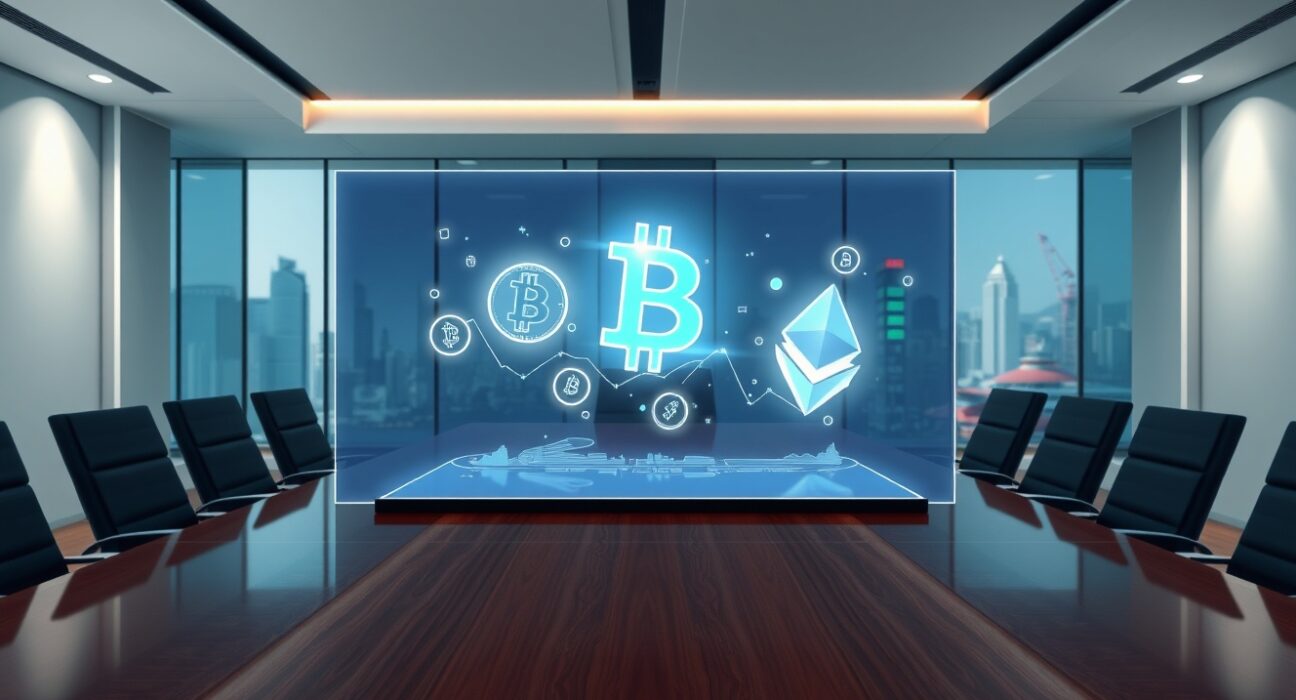 Corporate boardroom strategy meeting for Boyaa Interactive's $70 million cryptocurrency investment in Hong Kong.