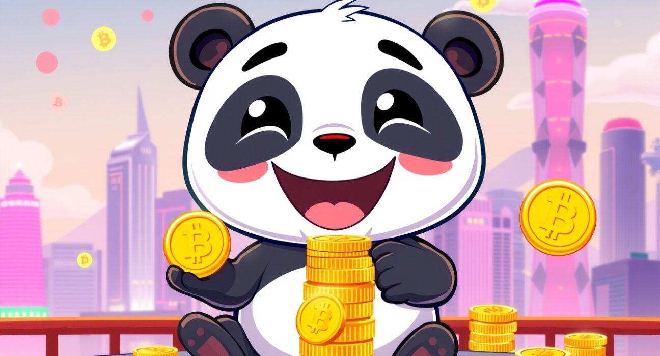 Joyful cartoon panda stacking remarkable Bitcoin holdings in vibrant digital landscape