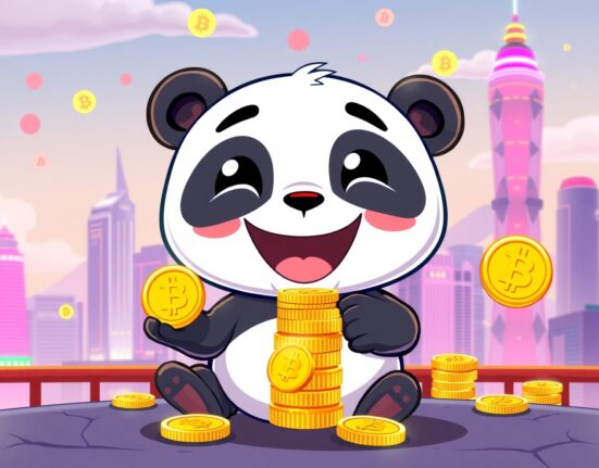 Joyful cartoon panda stacking remarkable Bitcoin holdings in vibrant digital landscape