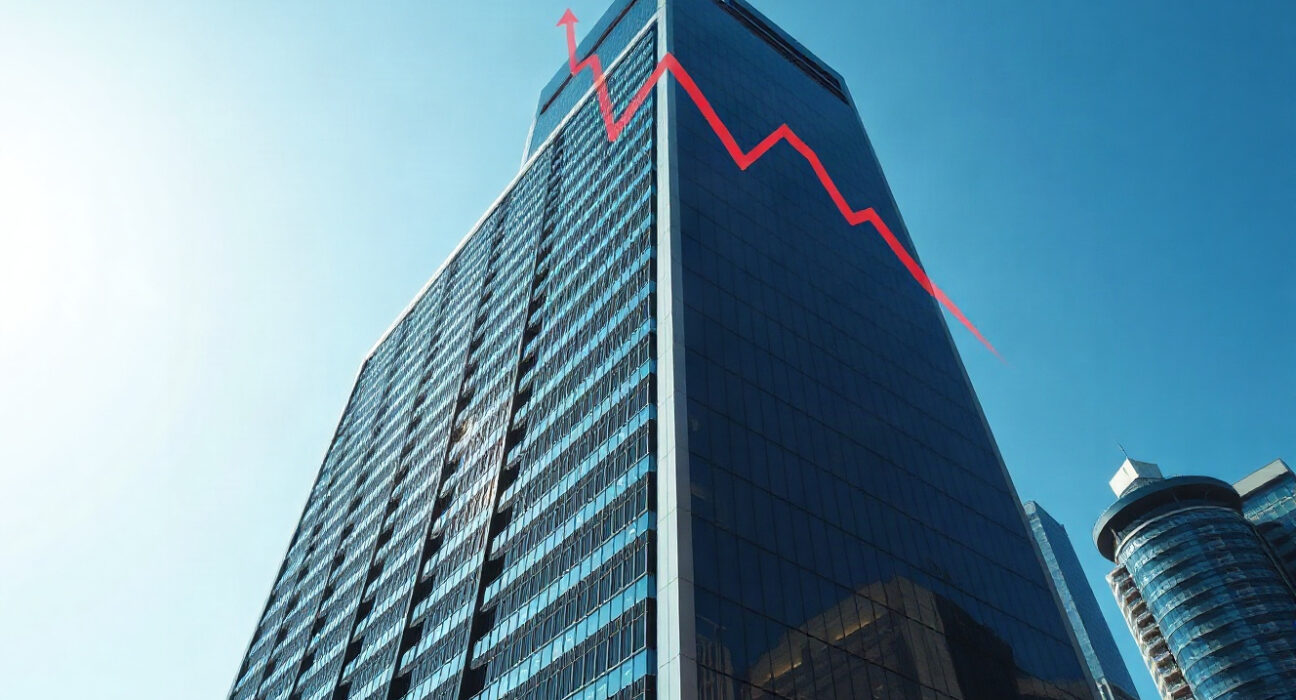 Hong Kong office building with a digital Bitcoin price chart overlay indicating a decline.