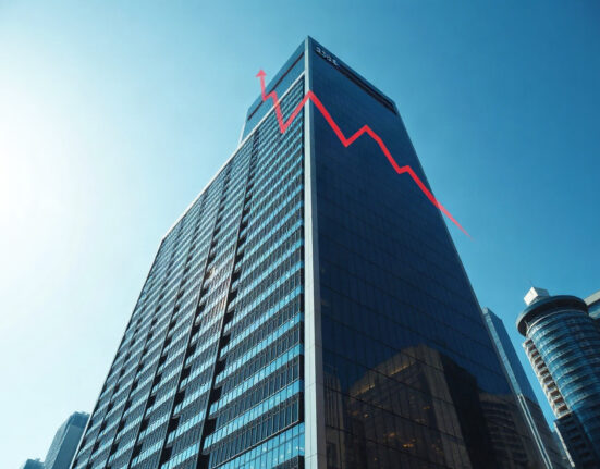 Hong Kong office building with a digital Bitcoin price chart overlay indicating a decline.