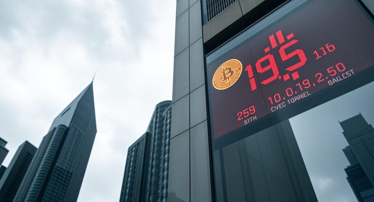 Hong Kong corporate building exterior with digital stock ticker showing Bitcoin price decline