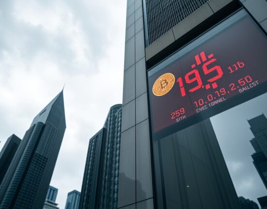 Hong Kong corporate building exterior with digital stock ticker showing Bitcoin price decline