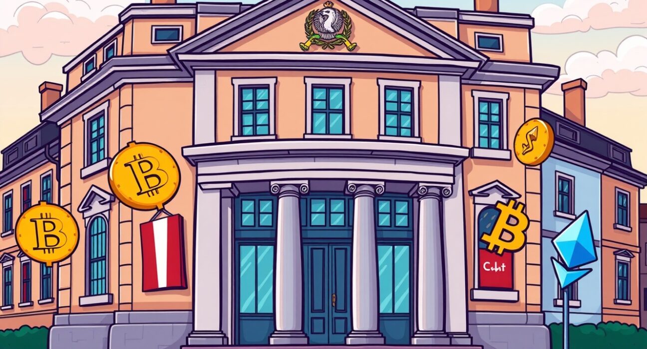 Cartoon illustration of BPCE bank embracing cryptocurrency trading with digital coins.