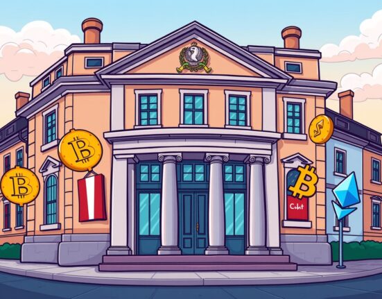 Cartoon illustration of BPCE bank embracing cryptocurrency trading with digital coins.
