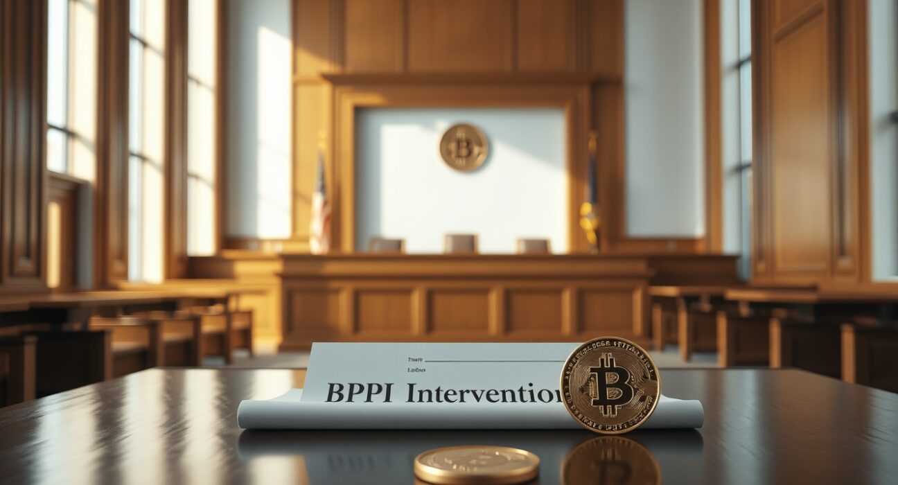 Courtroom scene with a Bitcoin coin and legal document titled 'BPI Intervention' on a table.
