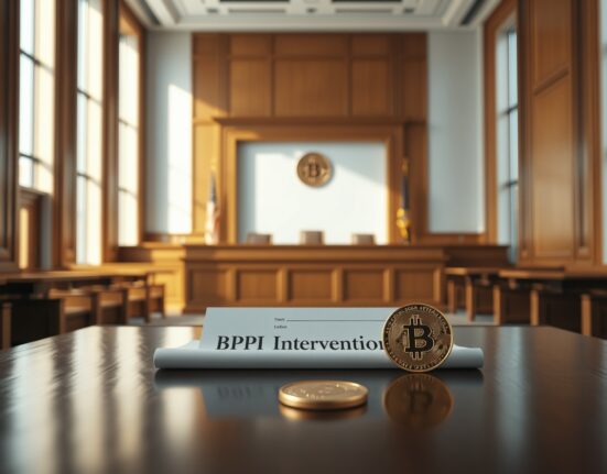 Courtroom scene with a Bitcoin coin and legal document titled 'BPI Intervention' on a table.