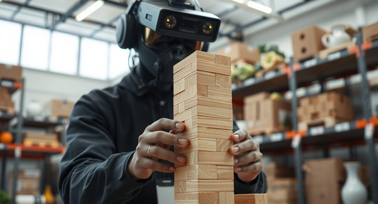 A pilot wearing a brain-wave headset pulls a block from a Jenga tower in a robotics data collection warehouse.