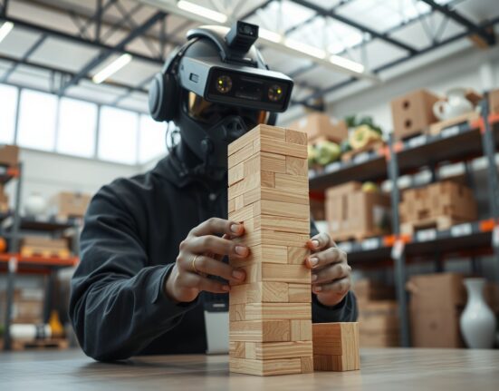A pilot wearing a brain-wave headset pulls a block from a Jenga tower in a robotics data collection warehouse.