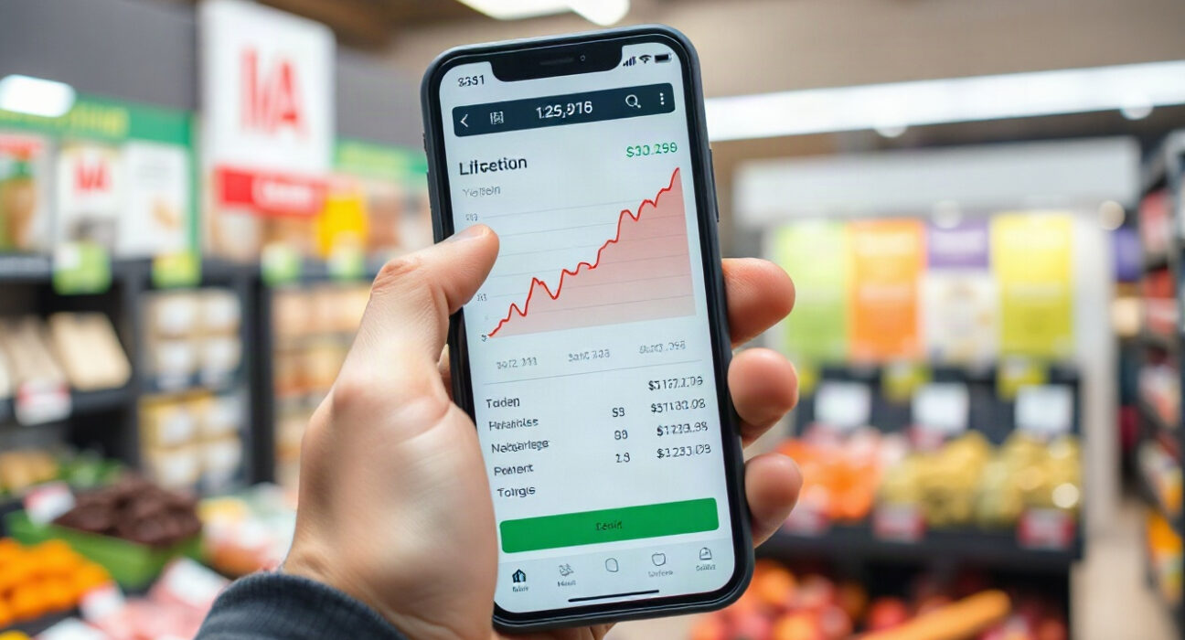 Hand holding a receipt with a price chart in a German market, representing inflation data