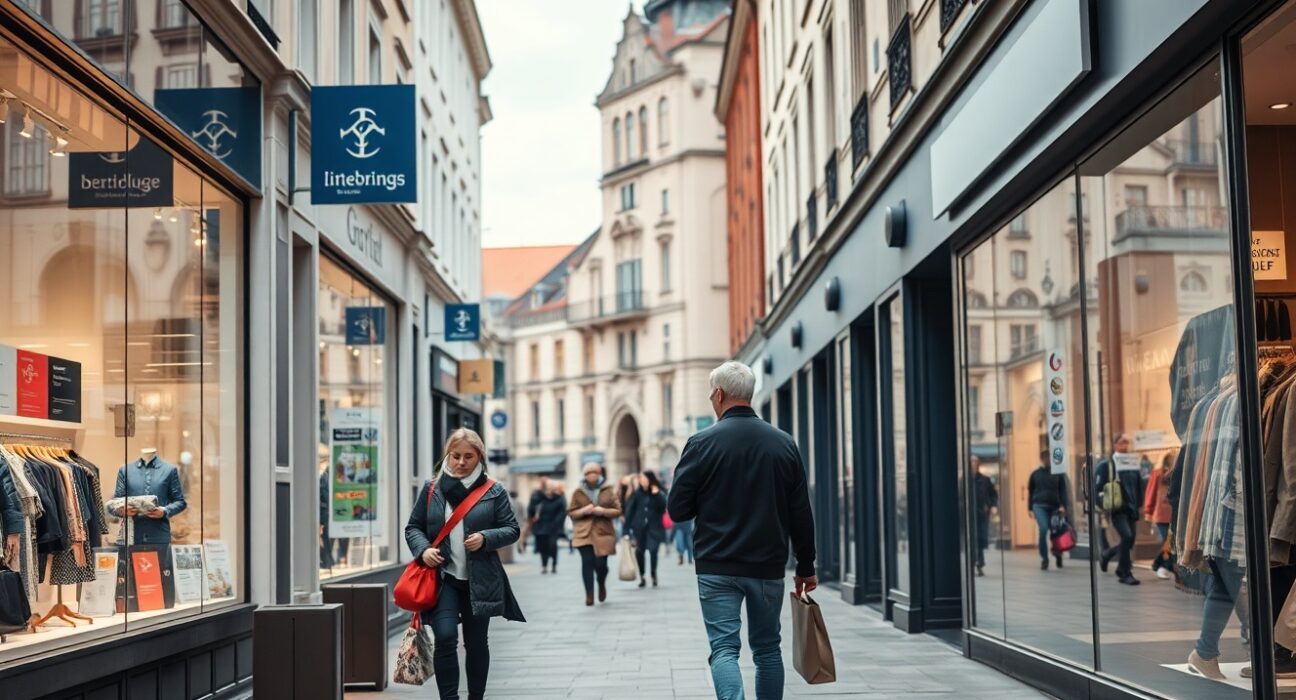 Shoppers in a Potsdam street, reflecting consumer price trends in Brandenburg, Germany.