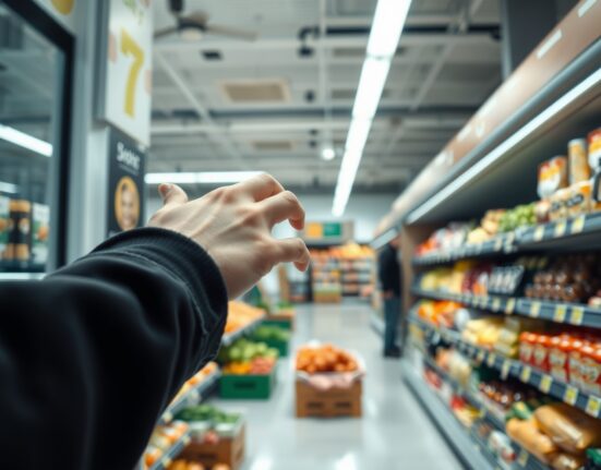 Shopper examining price tags in a Brandenburg grocery store, reflecting regional inflation trends.