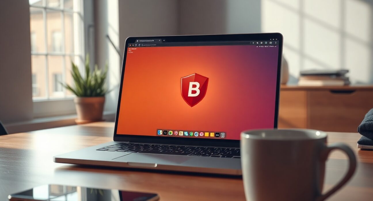 Brave browser laptop screen with BAT token icon in a modern office setting