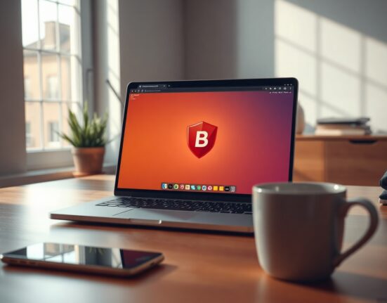 Brave browser laptop screen with BAT token icon in a modern office setting