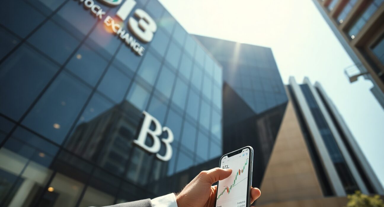 B3 stock exchange building in São Paulo with trader viewing crypto charts on smartphone