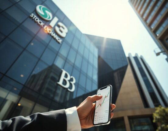 B3 stock exchange building in São Paulo with trader viewing crypto charts on smartphone