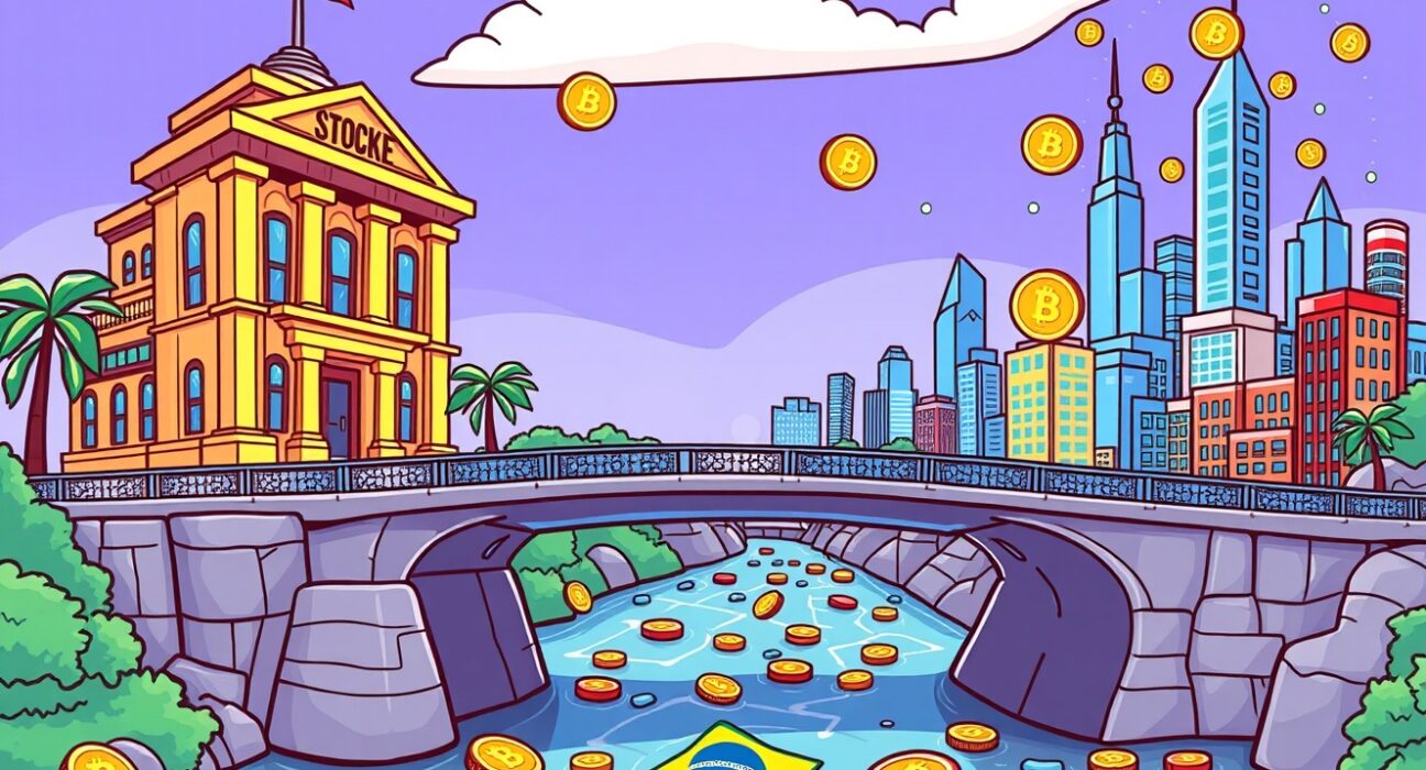 A vibrant cartoon illustration of Brazil's B3 exchange building a revolutionary tokenization platform bridge to the crypto world.