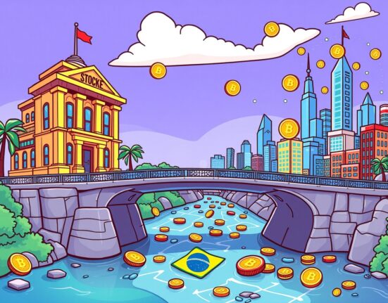 A vibrant cartoon illustration of Brazil's B3 exchange building a revolutionary tokenization platform bridge to the crypto world.