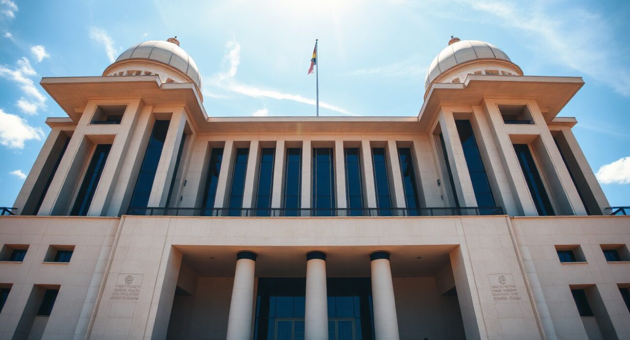 Exterior view of the Brazilian National Congress building in Brasília under clear blue sky.