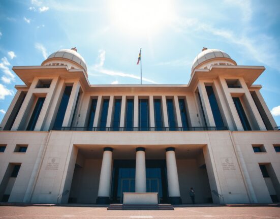 Exterior view of the Brazilian National Congress building in Brasília under clear blue sky.