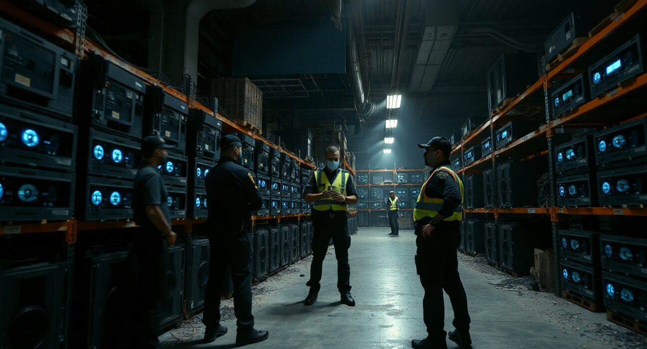 Brazilian police inspect confiscated Bitcoin mining rigs in a warehouse in São Paulo.