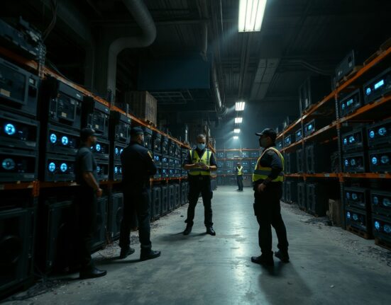 Brazilian police inspect confiscated Bitcoin mining rigs in a warehouse in São Paulo.