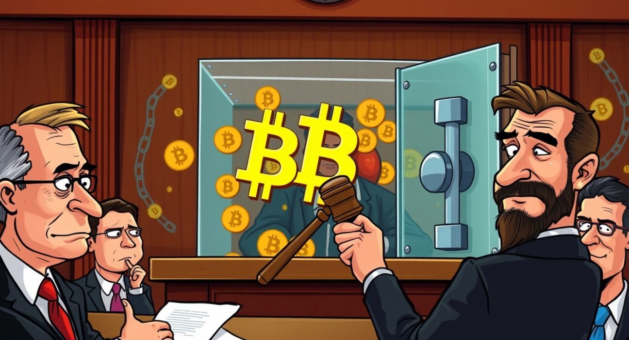 Cartoon illustration of a Brazilian courtroom convicting criminals for Bitcoin money laundering.