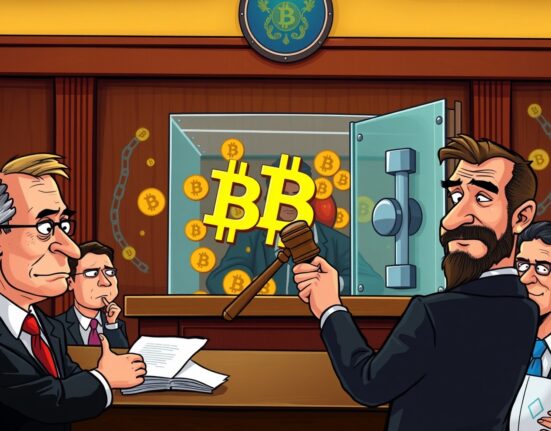 Cartoon illustration of a Brazilian courtroom convicting criminals for Bitcoin money laundering.