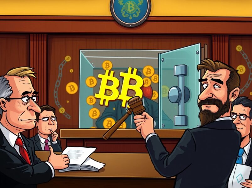 Cartoon illustration of a Brazilian courtroom convicting criminals for Bitcoin money laundering.