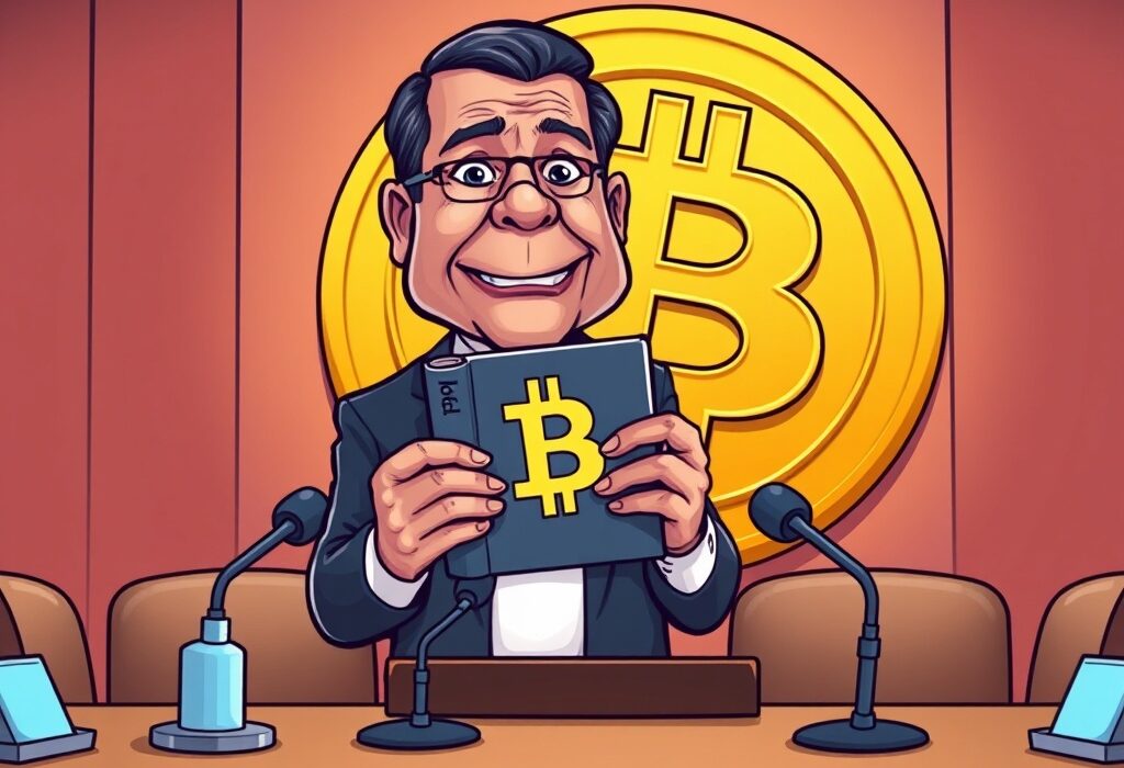A cartoon illustration showing a Brazilian official preparing for a hearing on a potential Bitcoin reserve, symbolizing national interest in digital assets.