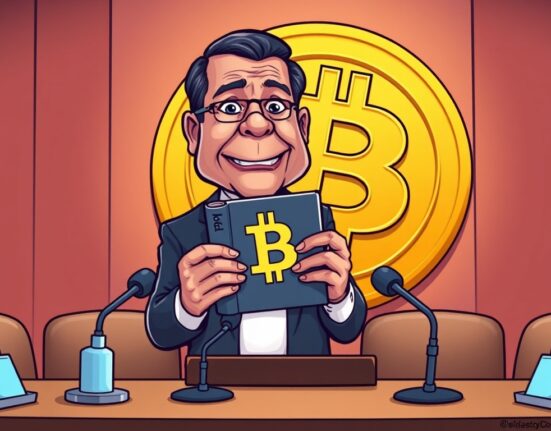 A cartoon illustration showing a Brazilian official preparing for a hearing on a potential Bitcoin reserve, symbolizing national interest in digital assets.