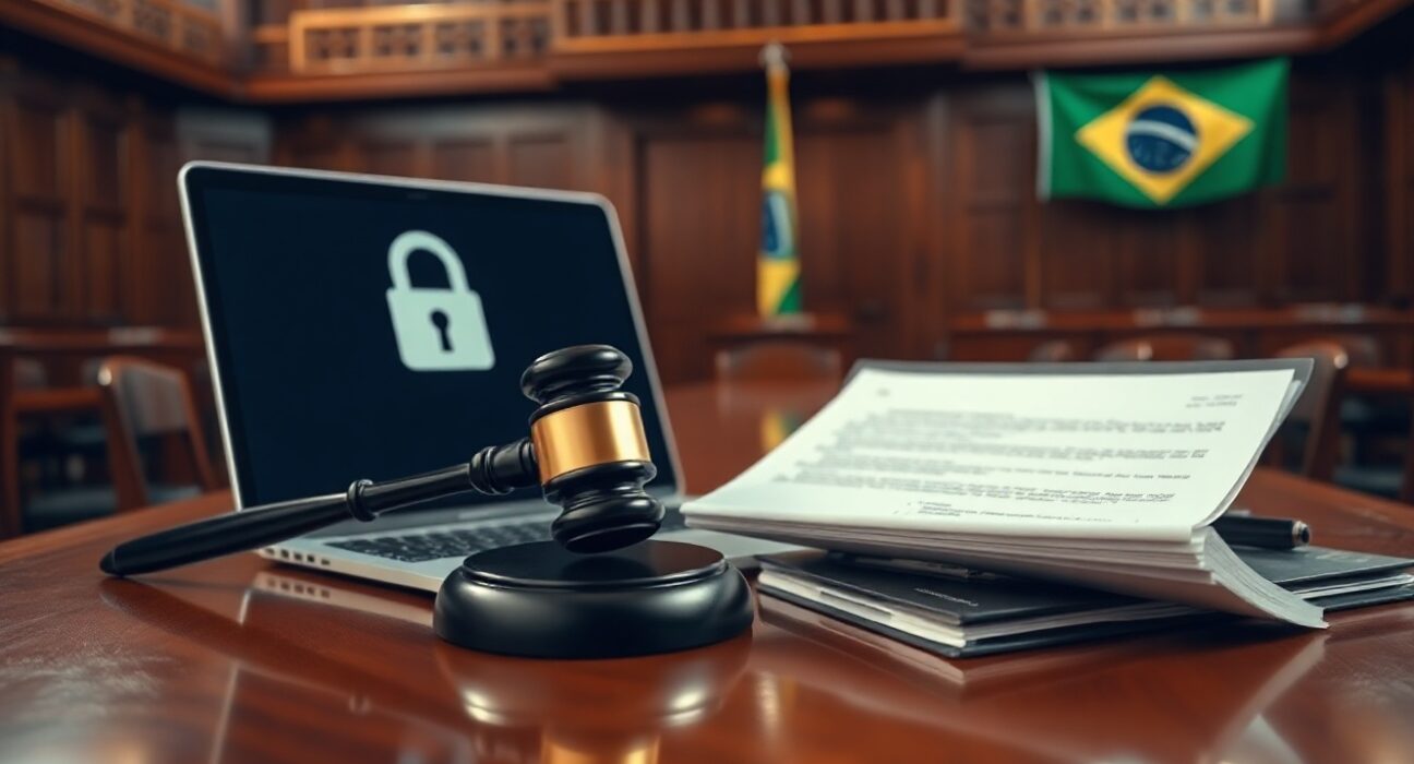 Judge's gavel and laptop with digital wallet padlock in a Brazilian legislative chamber